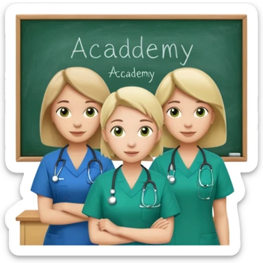 3 different nurses, wearing green and blue work clothes, in a classroom, "Academy" written in white on board sticker