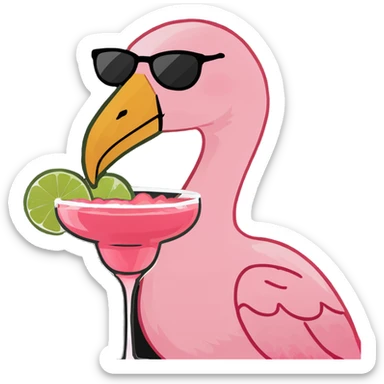 a pink flaming flamingo holding a pink margarita in hand sticker