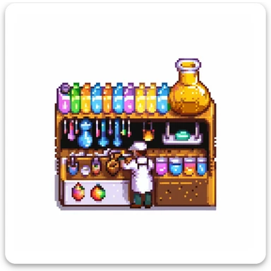 Ein Bäcker mit einem Labor aus Zuckerglas, Karamellrohren und Honigflüssigkeiten. Die Umgebung wirkt wie ein süßes Steampunk-Labor. Interface-Elemente imitieren klebrige Texturen, mit tropfenden Effekten und glänzenden Bonbonfarben sticker