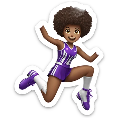 Caucasian cheerleader with dark brown curly hair, jumping and holding up two purple Pom poms, small full body emoji sticker