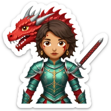 Fierce Latina in armor with a sword after a battle cutting off the head of a dragon sticker