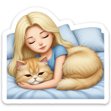 pretty girl with dark long hair sleeping with blonde fluffy  persian cat in bed sticker
