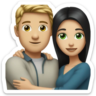 White man with blue eyes and BROWN hair hugging white woman with long straight black hair and green eyes sticker