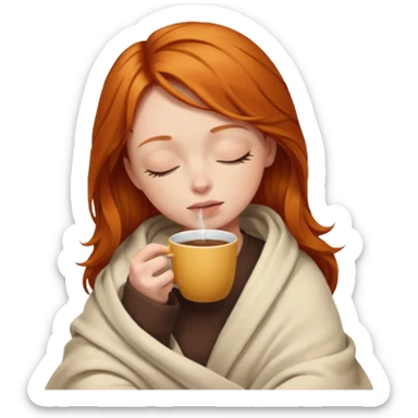 girl with ginger hair inside a blanket sipping coffee eyes closed sticker