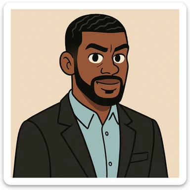 male Afro-American with sharp haircut and waves, wearing black suit and light blue shirt, flat toon style sticker