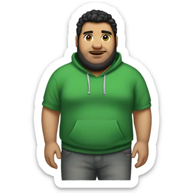 wide fat guy with black hair big chest green hoodie and grey jeans and a shaved beard, with little acne sticker