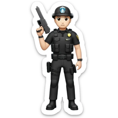 Arm security patrol officer with a Glock 19 standing in the night with full gear, black pants, black shirt, black plate, carrier, black boots, black belt, black holster with a Glock 19 sticker