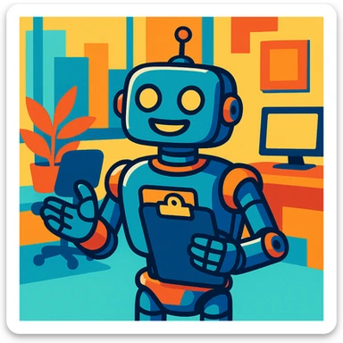 a friendly recruiter robot, cartoon style, professional, metallic, with a clipboard, in a modern office setting, bright and vibrant colors sticker