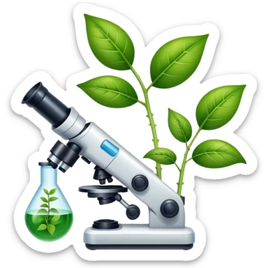 An icon featuring a microscope, a DNA strand, and plant leaves, symbolizing biology. The design includes cells, a test tube with a plant sample, representing life sciences, ecosystems, and the study of organisms. Transparent background highlights the exploration of living systems. sticker
