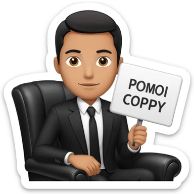 A man in a black suit sits on a black leather chair and holds a sign that says PrimeCopy sticker