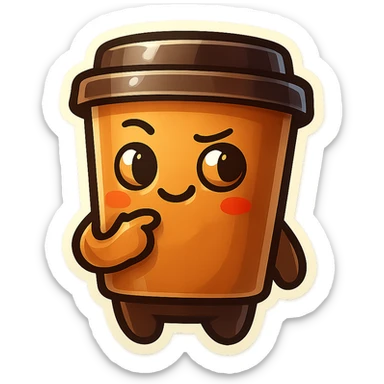Tall coffee cup, mischievous eyes, pondering sticker