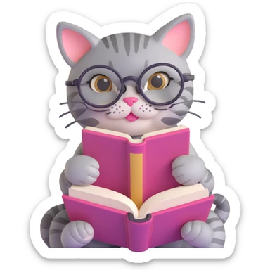 cute gray tabby cat with big round glasses, pink cheeks, holding an open book, reading, soft friendly 3D emoji style sticker