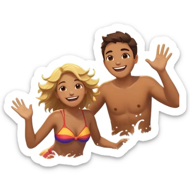 A person splashing in the ocean, laughing with a warm friend beside them. They’re playfully pretending to play, fully immersed in the fun. The sun glows above, and the waves crash around them, symbolizing the joy of being present, creating fun, and appreciating the moment with the people  sticker