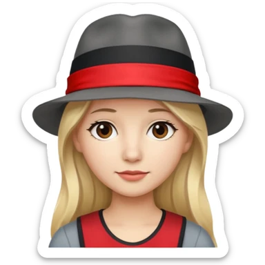 A person with long blond hair, wearing a gray fedora with a black band and a red headband underneath. sticker