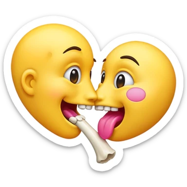 kissing emoji with a yellow bone in its mouth, bone has a pink tip sticker