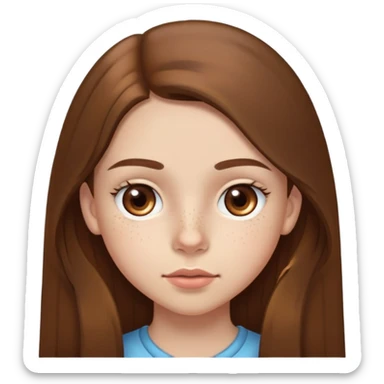 A 12-year-old girl with very long brown hair, light brown eyes, medium thick eyebrows, slightly big lips, a small freckle on her cheek and another small freckle under her eye sticker