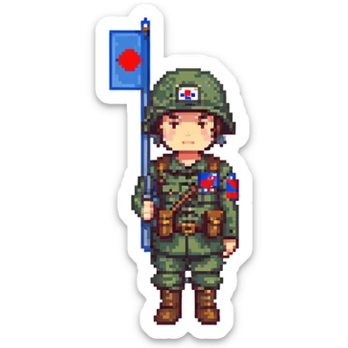 Korean soldier with helmet and Korean flag patch, standing at attention, pixel art style sticker