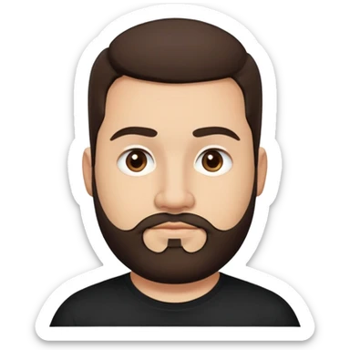 Fuller-figured man in his 30s with light brown skin, round face, full cheeks, medium dark brown eyes, thick eyebrows, wide nose, friendly expression, short full beard, short dark hair, wearing a black t-shirt sticker