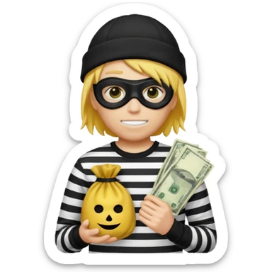 A yellow guy with a black beanie white black striped shirt a black mask for it's eyes and holding a money bag with yellow hair sticker
