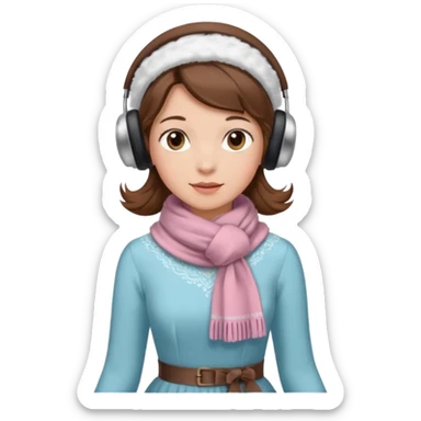 Victorian ice skater in a long dress. She is wearimg a scarf and earmuffs. She has brown hair. sticker