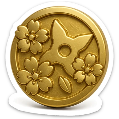 Japanese style badge in gold color, traditional crest shape, sakura (cherry blossom) accents, chibi/anime-inspired playful vibe, ninja star accent, no text, sized for Twitch or Discord use, transparent background. sticker