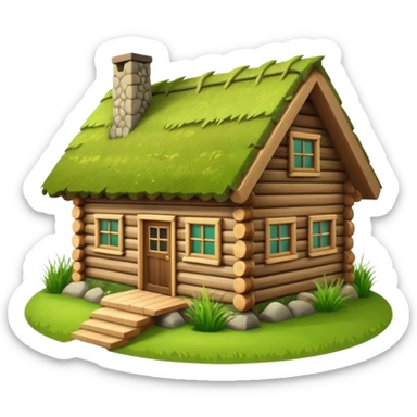 traditional Norwegian log cabin house with grass roof, wooden texture, emoji style sticker