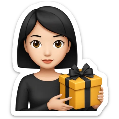 asian woman short hair tanned, holding with black present - emoji style sticker