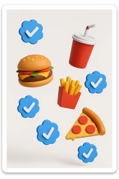 fast food fluttua in aria insieme a spunte di verificato in 3d, sfondo bianco sticker