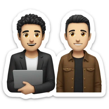 one white guy with black hair with laptop, and one white guy with brown hair with another laptop sticker