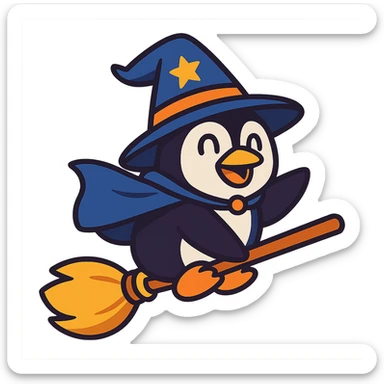 a cartoon penguin wizard flying on a broomstick, with a wizard hat and cape, cheerful and magical sticker