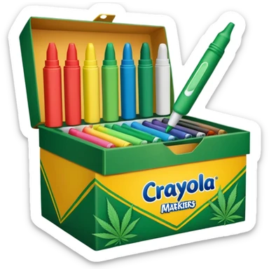 a box of crayola permanent markers with cannabis leaf sticker