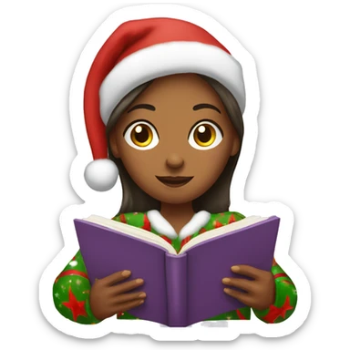 Woman in Christmas pajamas reading a christmas book sticker