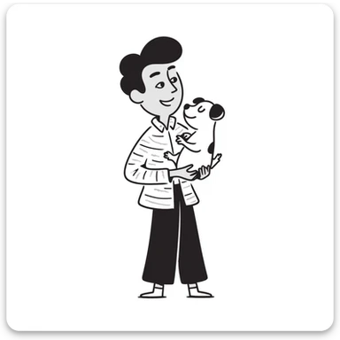 Mexican man with black hair and brown eyes wearing a shirt and black pants, holding a small white dog with one brown ear sticker