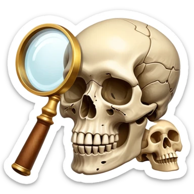 An icon showing a skull and ancient artifacts, representing anthropology. The design features a magnifying glass examining bones, fossils, and cultural symbols, symbolizing the study of human evolution and societies. Transparent background  sticker