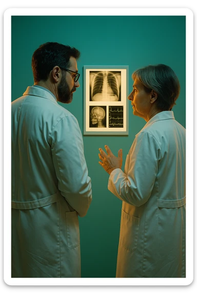Realistic, detailed photo taken from behind of two doctors—a bearded man and a middle-aged woman—standing and facing each other as they discuss a diagnosis in front of a medical chart. The scene is illuminated by a yellowish, orange, warm light that softly envelops the doctors. The entire room is bathed in a single green-blue color, creating a cohesive and modern atmosphere. Both doctors wear white coats, and their body language suggests a serious, professional conversation. Shot with a Canon EOS R5, with high detail and natural depth of field. sticker