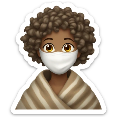 a light-skin girl with curly hair wrapped in a blanket with a cup of tea and a white facial mask on sticker