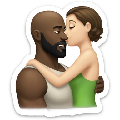 White girl brunette kissing muscular black bald man with beard sticker