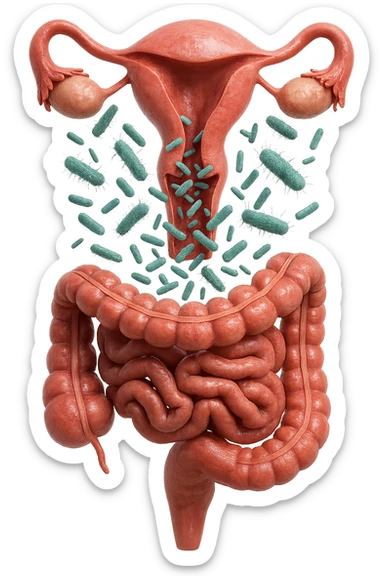 UTERO UMANO E INTESTINO ANATOMICI REALISTICI SONO UNO SOPRA ALL'ALTRO E SI PASSANO I BATTERI A VICENDA, CON BATTERI CHE ESCONO DALL'INTERNO, IPERREALISTICO 4K, NON DISEGNATO sticker
