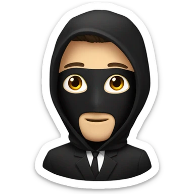 Man in a full black suit and a black hood with a black mask that has details of his face sticker