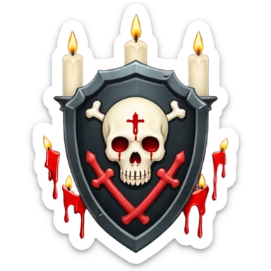 Creepy shield badge, candles, bones, blood dripping, gothic horror design, no background
 sticker