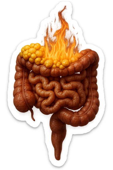 intestino umano con cellule gialle di grasso a grappoli attaccate sopra, con fiamma che brucia, iperrealistici 4k sticker