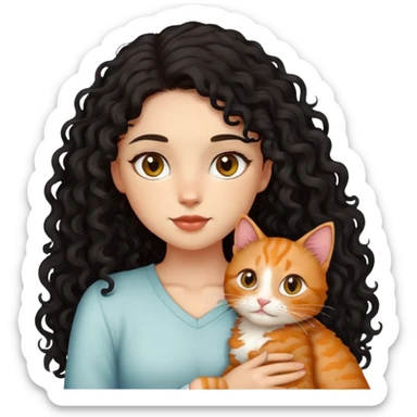 girl with long black curly hair holding a ginger cat sticker