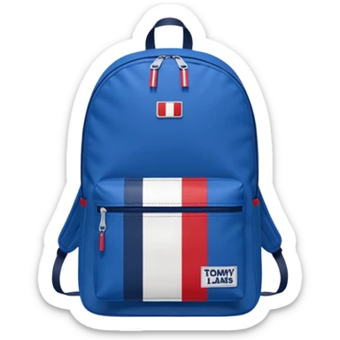 simple blue backpack, at the bottom pocket there is a  logo featuring a Tommy Jeans-inspired logo. The logo looks like a vertical one red, one white. The flag are vertical, not horizontal. Flat

 sticker