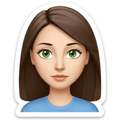 43 year old Adult woman avatar, light skin tone, long, oval face, long straight ashy brown hair, green almond-shaped eyes with dramatic eyelashes and minimal eyeliner, neutral mouth, medium straight eyebrows, small nose, smooth skin, sky blue blouse sticker