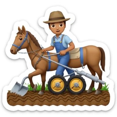 man plowing a field with a plow and a horse, emoji style sticker