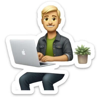 white-skinned male product designer sitting with macbook sticker