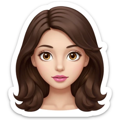 girl with wavy long dark brown hair, brown eyes, light to medium complexion, long lashes, almond shaped eyes, light pink lipstick, square shaped face sticker