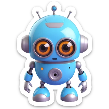 Friendly robot with big expressive eyes — round head, glossy finish, slightly clumsy but charming, cute (think Wall-E meets Baymax). sticker