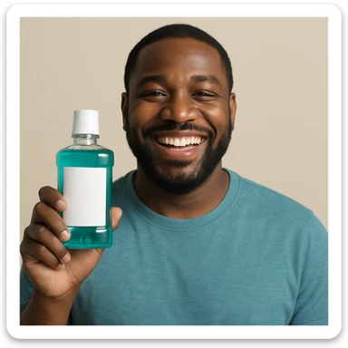 A happy Black man showing mouthwash, big smile, straightforward composition, plain background. sticker