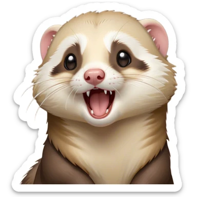 Cinematic Cute Yawning Ferret Portrait Emoji, Head tilted slightly with an exaggerated, wide-open yawn, showcasing a long, flexible body with a plush coat in soft brown and cream, droopy, drowsy eyes, and a relaxed expression, Simplified yet irresistibly endearing features, highly detailed, glowing with a soft, cozy natural glow, high shine, relaxed yet expressive, stylized with a dash of whimsical charm, soft glowing outline, capturing the essence of a sleepy yet affectionate ferret that seems ready to curl up for a nap! sticker